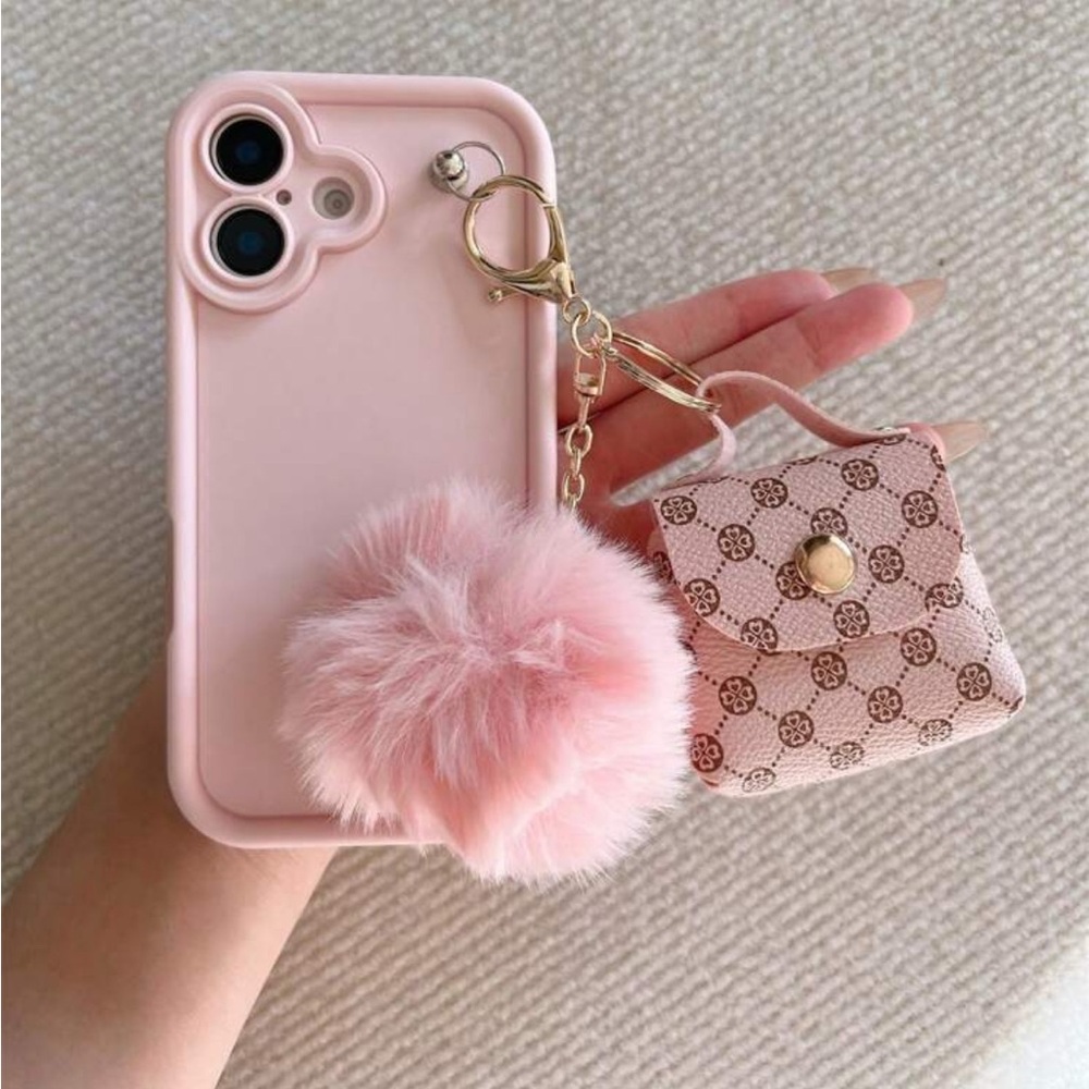 IPHONE 16 PRO -Pink Phone Case with Fluffy Pom Pom and Mini Bag - Picture 2 of 3